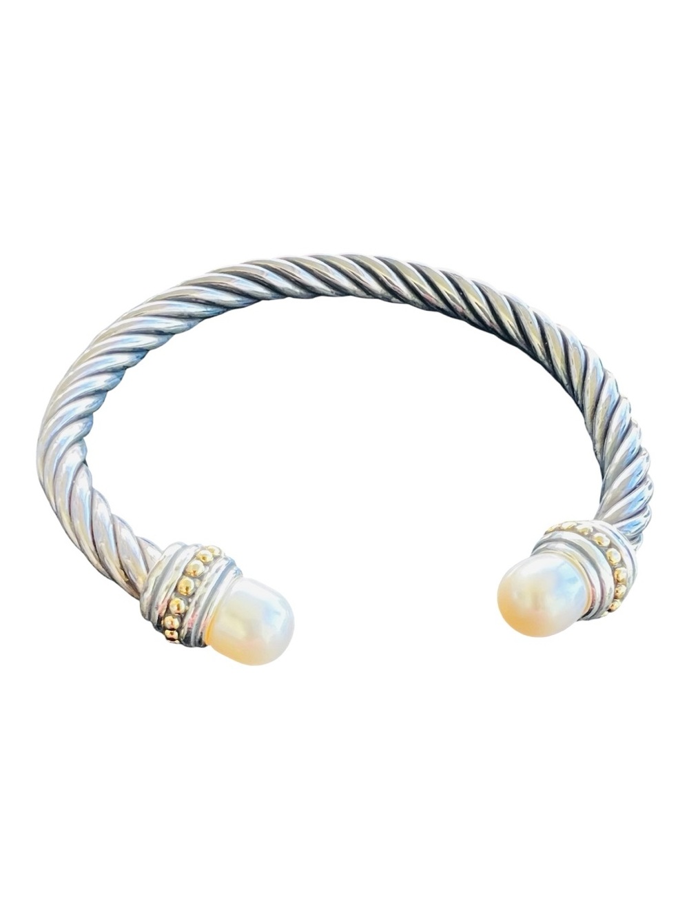 Vintage 925 Sterling Silver Cable Cuff Bracelet Pearl Ends David Yurman Style